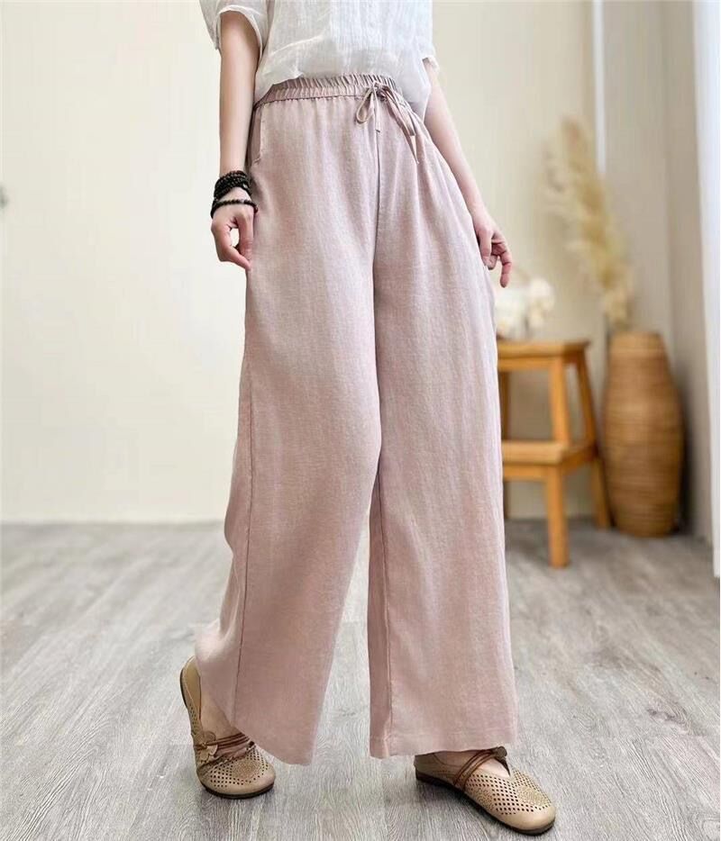 flowersverse Jianmeng Youyou Linen Wide-Leg Pants Spring New Style Inner Edge Casual Pants for Women Elastic Waist Pants 8826
