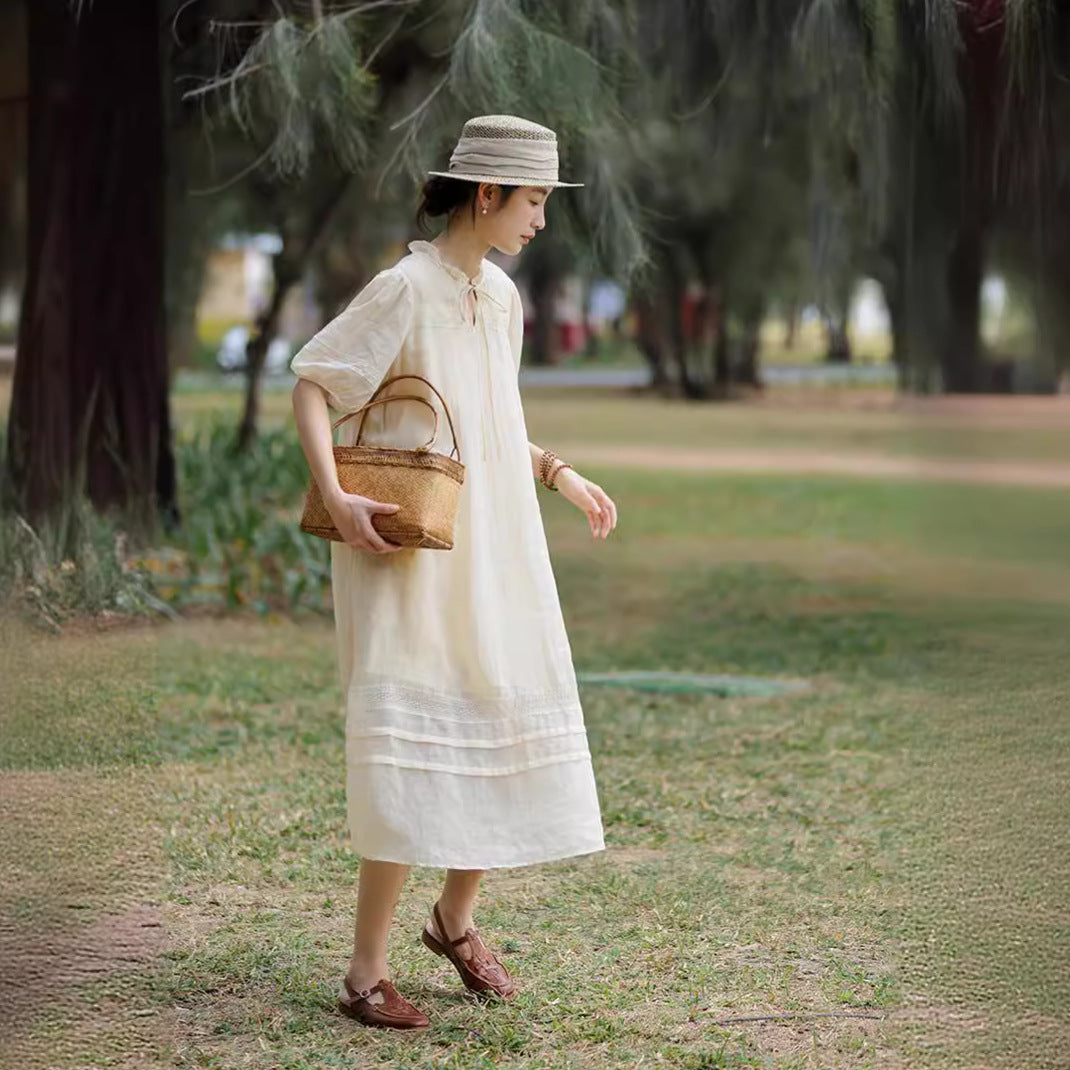 2025 summer fairy large size long dress yarn thin man JI fine natural ramie lace dress A0436