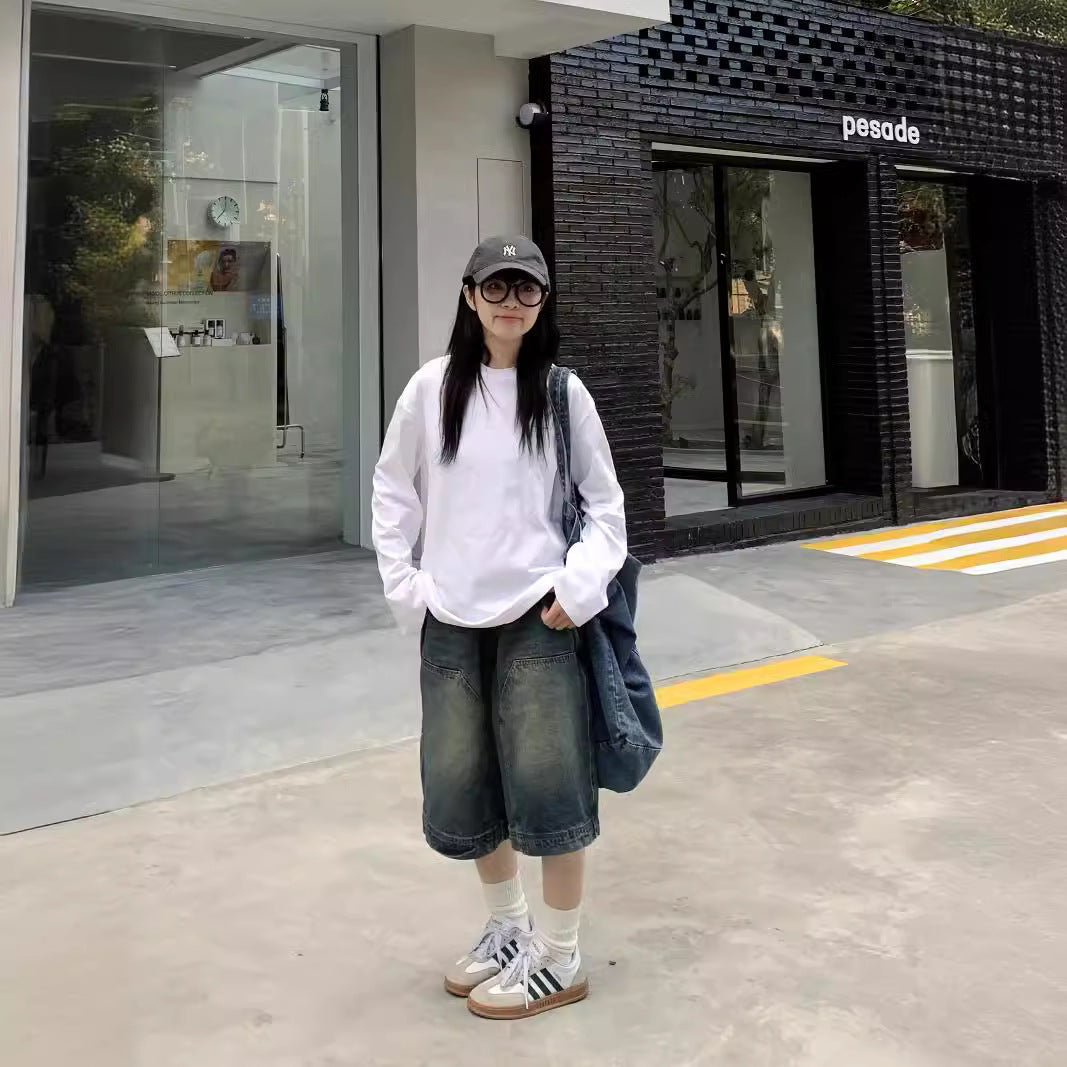 flowersverse Cross-Border HOTan and NEWn Style Retro Washed Niche Denim Shorts Men and Women Straight Wide Leg Distressed Casual Cropped Pants Women