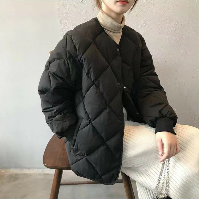 autumn and winter new down cotton-padded clothes women's short Hong Kong style rhombus light cotton-padded clothes loose cotton-padded jacket