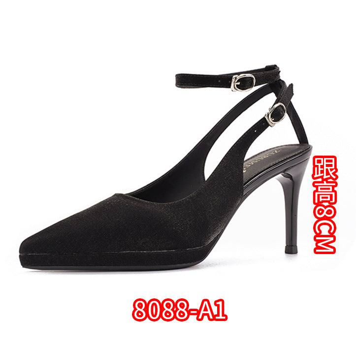 2025 1233-1 one-word bag head sandals pointed thin heels high heels waterproof table super high heels satin single shoes are not tired