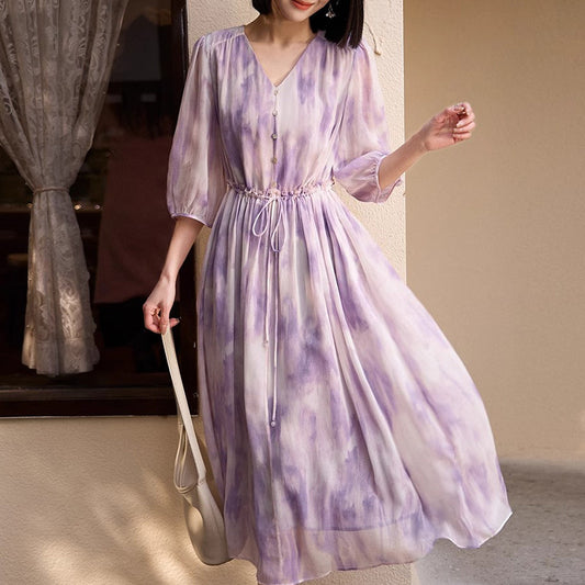 2025 Xiaoxian purple dress, smudge gradual change purple 100% mulberry silk waist printing dress summer new women's clothing