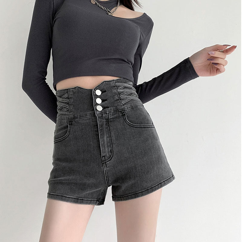 flowersverse Real Shot Hot Girl's Waist Cross Woven Ultra High Waist Belly Contracting Denim Shorts Women's Hip Lifting Loose Wide Leg Fashion