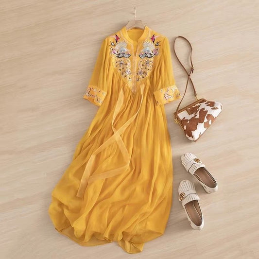 National style summer new Chinese dress heavy industry embroidery stand-up collar long dress seven-quarter sleeve loose and thin big swing dress