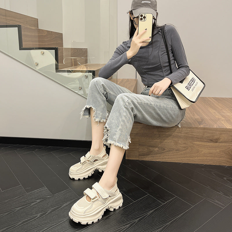 2025 Velcro leather thick-soled dad shoes women's breathable mesh hollow mesh shoes sandals student leisure sports little white shoes