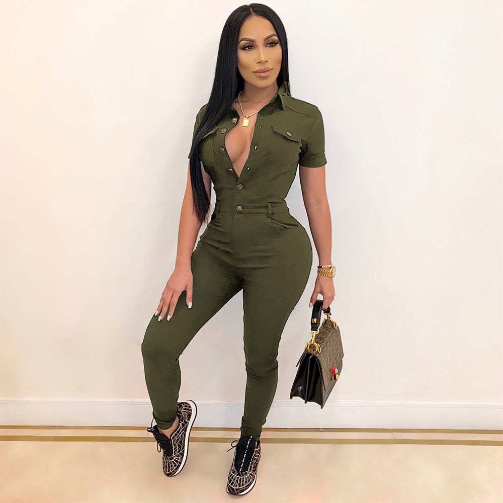 FLOWERSVERSE S390172 Foreign Trade European and American Women's Clothing Casual Solid Color Polo Collar Short Sleeve Single-Breasted One-Piece Trousers for Women