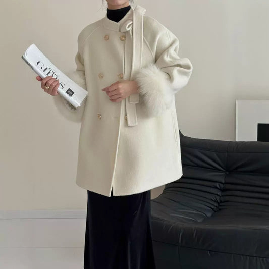 2025 Bow fox hair cuffs shoulder sleeves stand neck double breasted double-sided wool woolen coat jacket warm autumn and winter