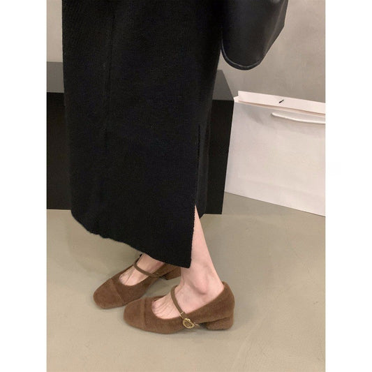 2025 Coarse heel Mary Jane fluffy shoes women's shoes wear popular new autumn and winter plush high-heeled plush shoes