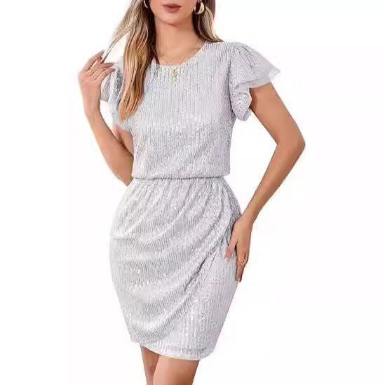 FLOWERSVERSE New Cross-border Black Gold Double Spell Solid Color Temperament Commuter High Waist Fashion Sequin Dress