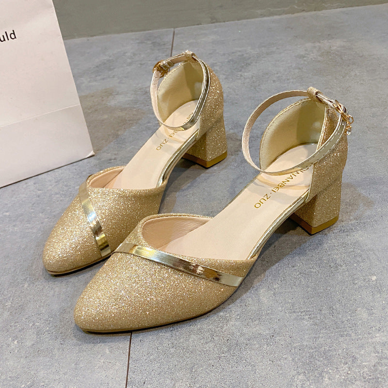 flowersverse Closed Toe Sandals Fairy Style Women's New Versatile Fashion Ankle-Strap High Heels Chunky Heel Summer Shoes Women's Shoes