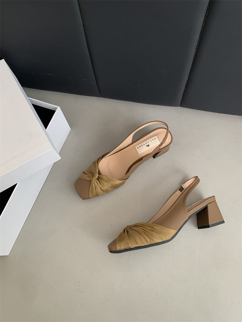 flowersverse High Heels Chunky Heel Pleated Square Toe Cap Sandals Women's Shoes New Elegant Classic Style Wind-Back Empty Pumps