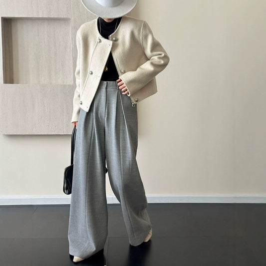 2025 Collarless zipper solid color small short high-end double-sided wool woolen coat jacket women's warm autumn and winter