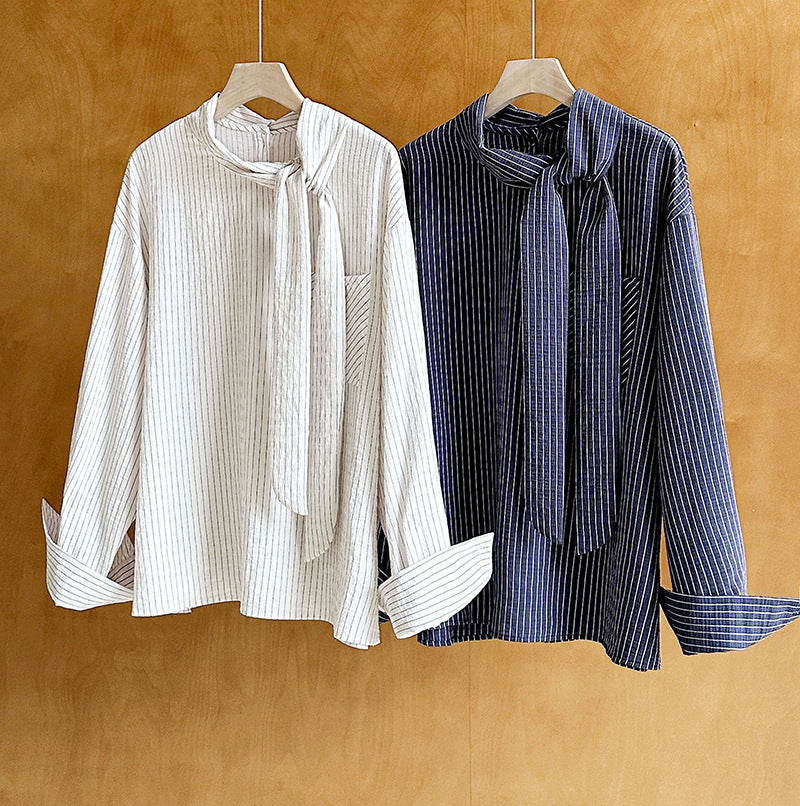 2025 spring new Korean version design sense niche lace-up stripes simple loose versatile long-sleeved shirt women 1918