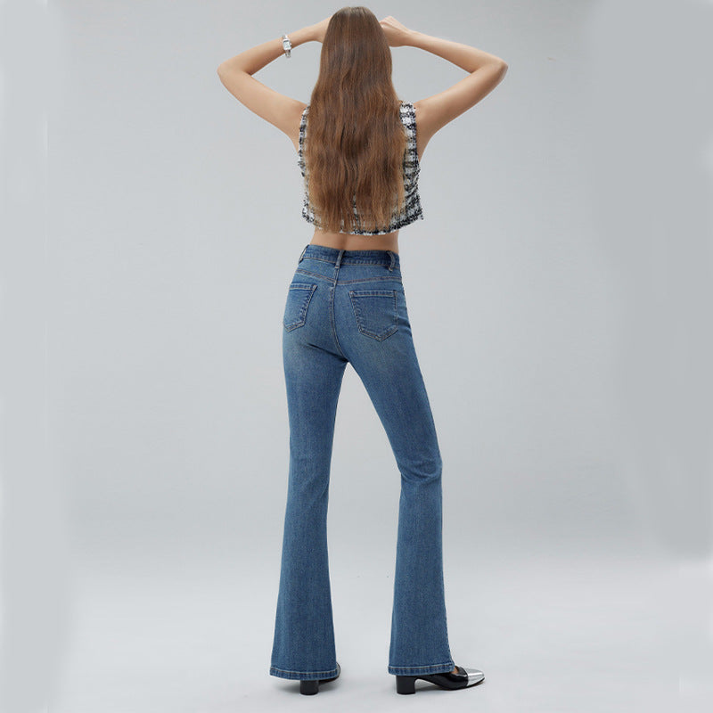 2025 High-end women's clothing summer Xinjiang long-staple cotton micro-elastic stylish split fork shows height and thinness denim horn trousers