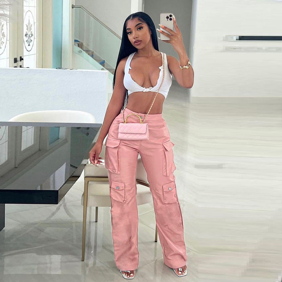 flowersverse HOT and NEW Cross Border Women's Clothing Poly Urethane Leather Pocket High Waist Loose Straight Casual Trousers