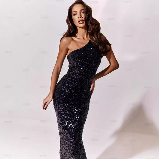 FLOWERSVERSE 2025 Black Long Dress Chest Wrap European Station Sequin Temperament Commuter Solid Color High Waist Dress Dress