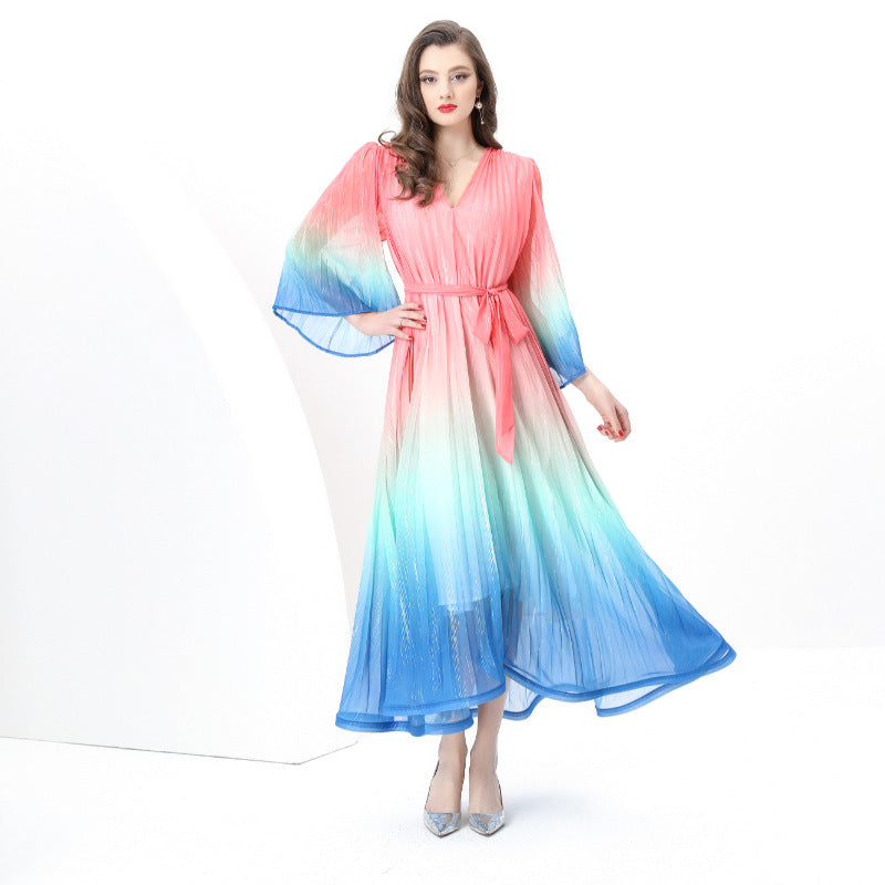 women's clothing new niche light ripe wind waist strap loose V-neck horn sleeve gradual change color dress