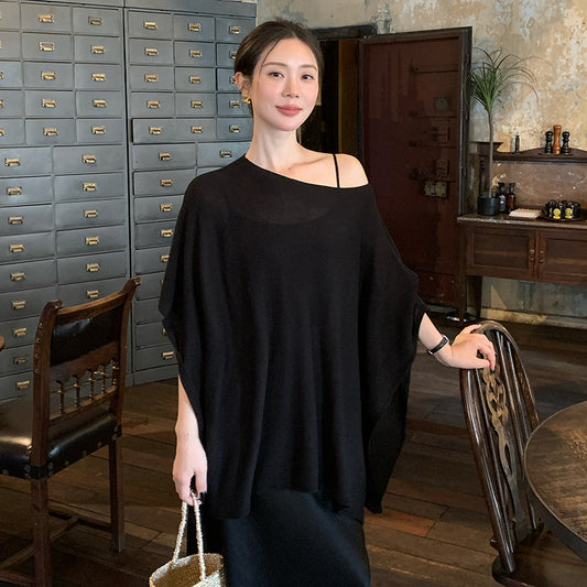 2025 spring loose meat cover long sleeve diagonal neck knitted sweater women's top oversize sunscreen blouse 25227