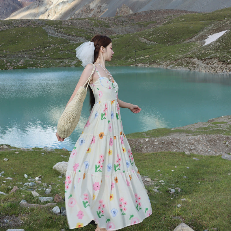 2025 Seaside vacation travel floral suspender dress super beautiful temperament waist long dress unique beautiful small skirt summer