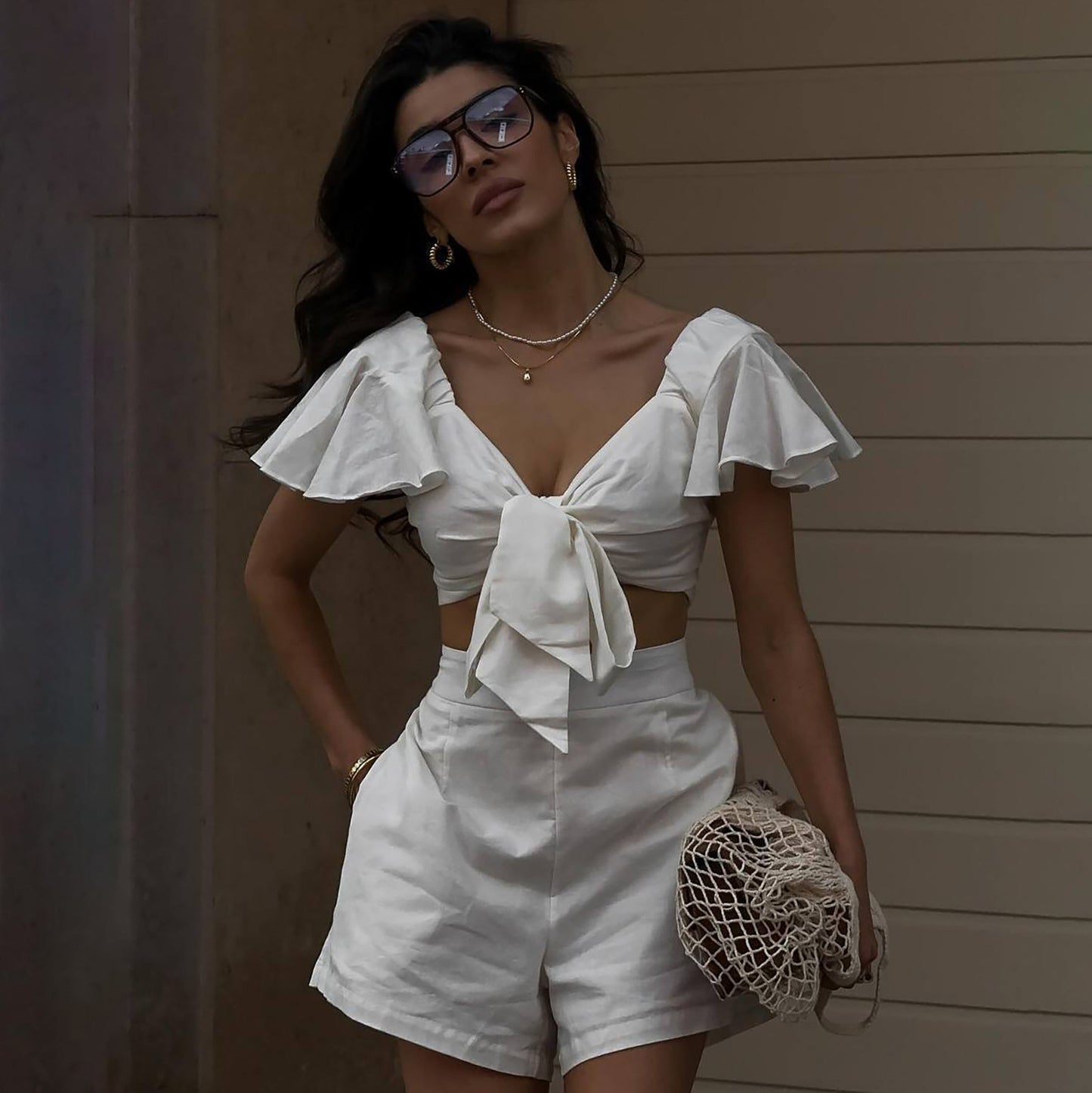 Popularan beautiful women's fashion v-neck waist flying sleeves bow top high waist shorts set niche fresh casual