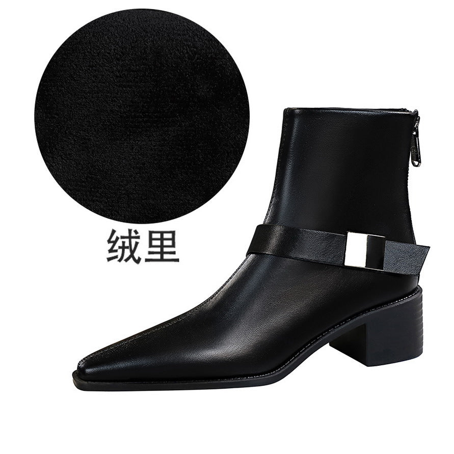 FLOWERSVERSE 2025 578-1 Retro style short knight boots thick heel medium heel belt buckle metal decorative pointed winter women's boots short boots