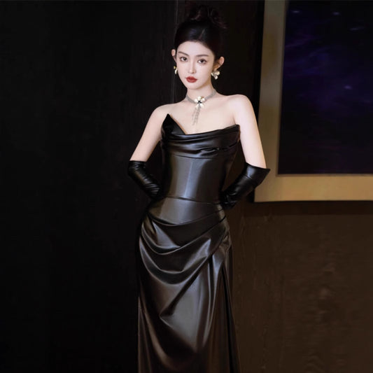 2025 Evening dress new black leather skirt high-end light luxury niche wedding morning gown female bride toast dress spring