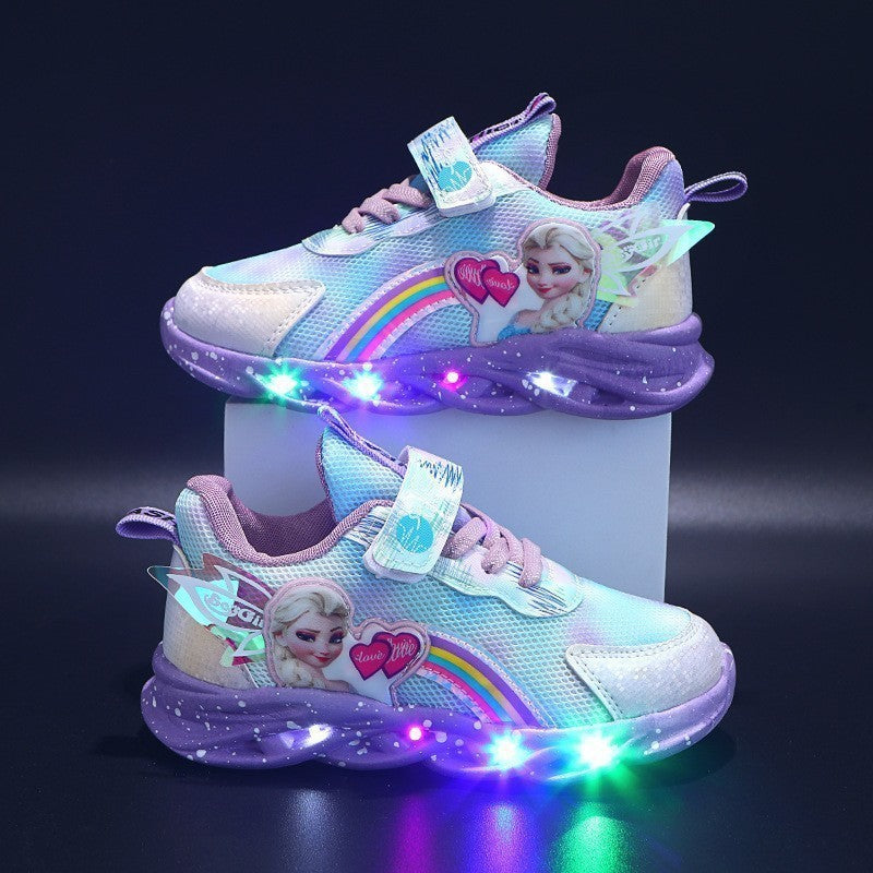 flowersverse Children's Shoes Wholesale with Lights Spring and Autumn New Mesh Breathable Children Sneaker All-Matching Princess Light Shoes