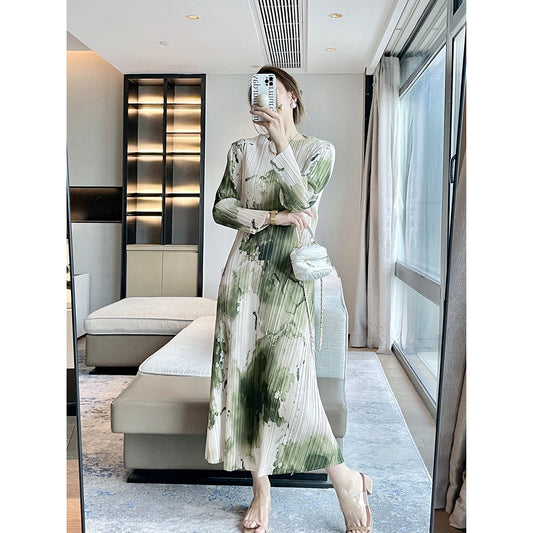 Miyake autumn new ink abstract printing retro pleated dress femininity elegant and thin dress