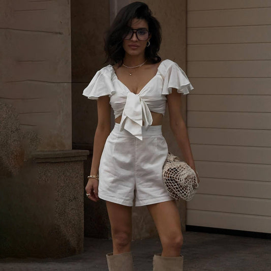 Popularan beautiful women's fashion v-neck waist flying sleeves bow top high waist shorts set niche fresh casual