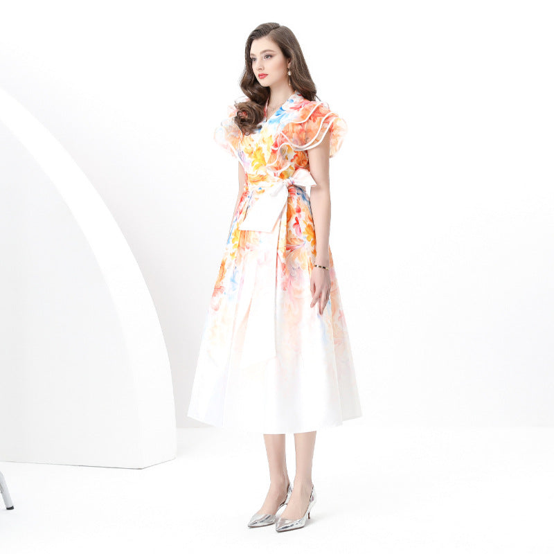 Court Dress Women's Fashion V-Neck Lotus Leaf Sleeve Waist Skinny Printed Dress