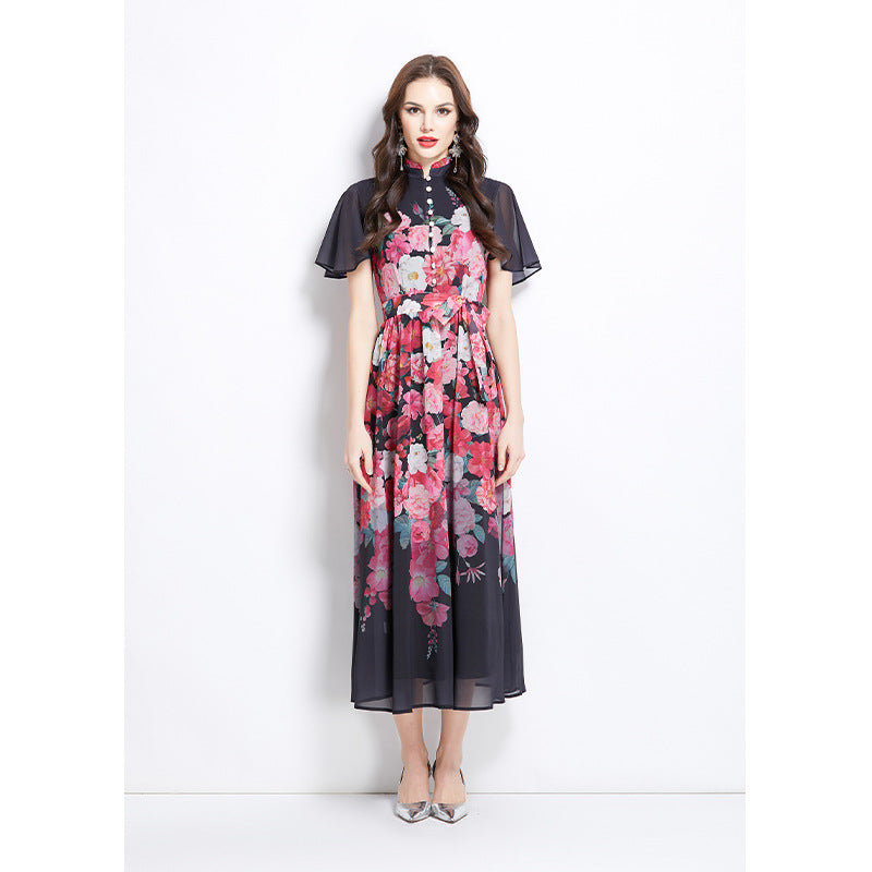 women's clothing holiday style dress women's pearl breasted waist thin temperament printed chiffon dress