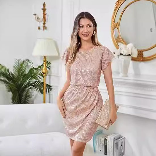 FLOWERSVERSE New Cross-border Black Gold Double Spell Solid Color Temperament Commuter High Waist Fashion Sequin Dress