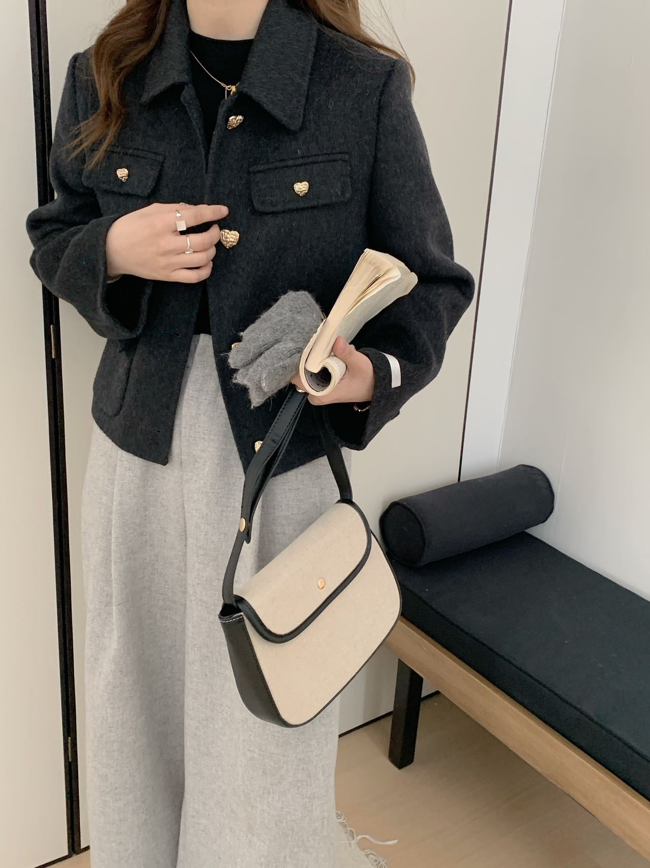 2025 Xiaoxiangfeng solid color lapel single-breasted short double-sided wool coat woolen jacket high-end women's metal buttons