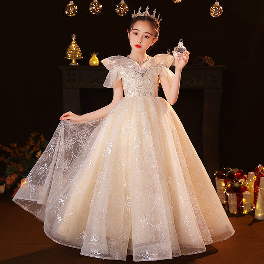 flowersverse Children's Dress Girls Western Style Tulle Tutu Little Girl Host Birthday Princess Dress Piano Instrumental Performance Suit Spring