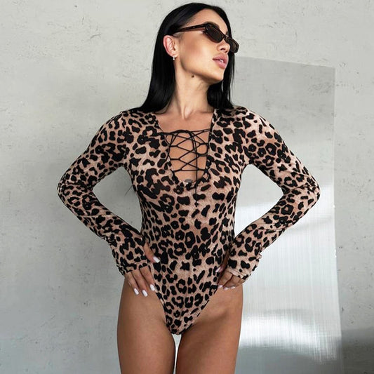 Popular, , New women's clothing popular autumn hot-selling tether V-neck fashion leopard print long-sleeved onesie