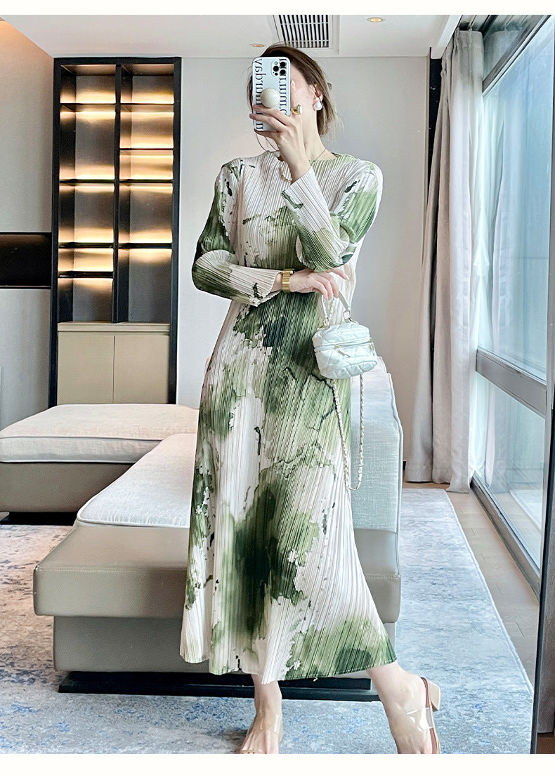Miyake autumn new ink abstract printing retro pleated dress femininity elegant and thin dress
