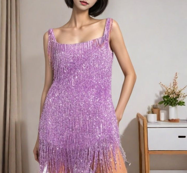 FLOWERSVERSE 2025 Hot Trade Fashion Tassel Sequin Party Sexy U-Neck Suspender Feather Splicing Dress Dress