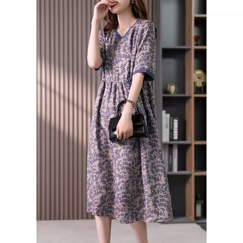 gentle wind print dress women's summer new Korean version temperament lace-up thin floral dress
