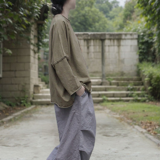 Spring and Autumn Skin-friendly Soft Pullover T-Shirt Washed Cotton Blended Irregular Knitted Splicing Top