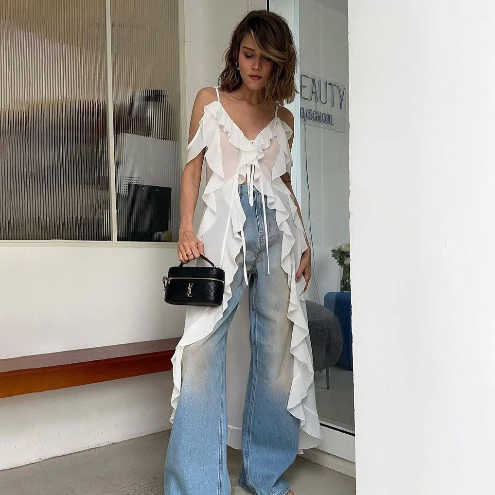 suspender super long irregular shirt high-end design sense niche splicing lace-up top lazy wind New