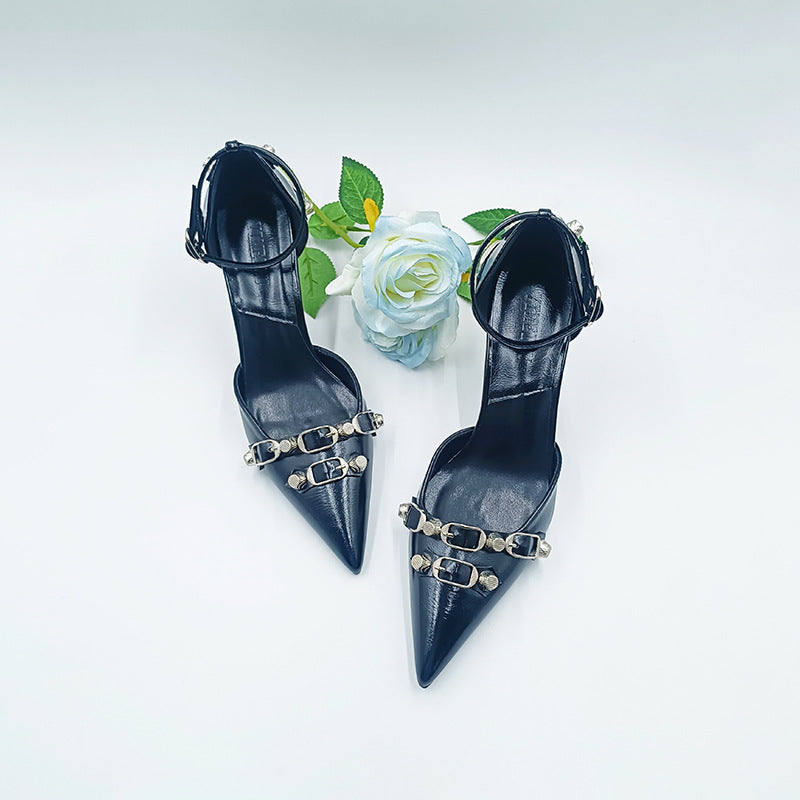 flowersverse New European and American Lens Rivet High Heels Hollow Women's Shoes Punk Stiletto Heel Belt Buckle Strap Shoes