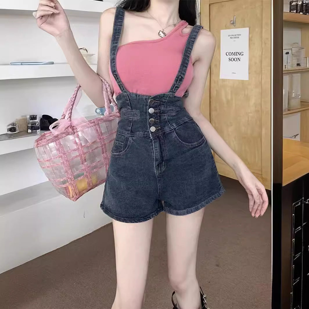 flowersverse Hot Girl High Waist Denim Suspender Pants Women's Hot Pants Summer Niche Chic Retro Slim Fit Slim-Fit Versatile Leggings Shorts