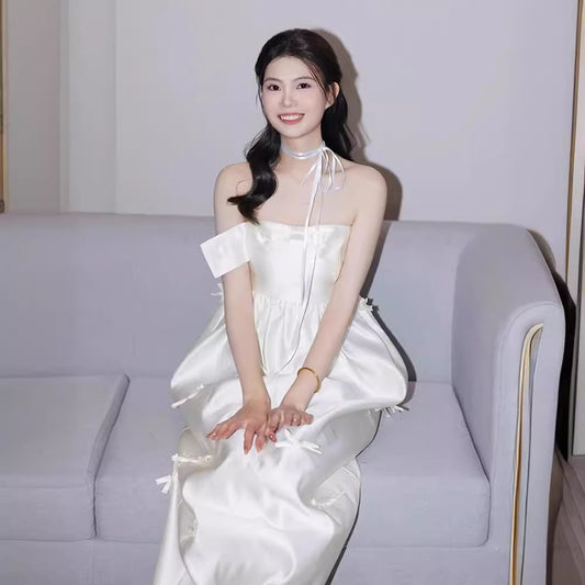 2025 light wedding dress bridal high-end niche tube top satin white morning gown engagement certificate bow dress skirt