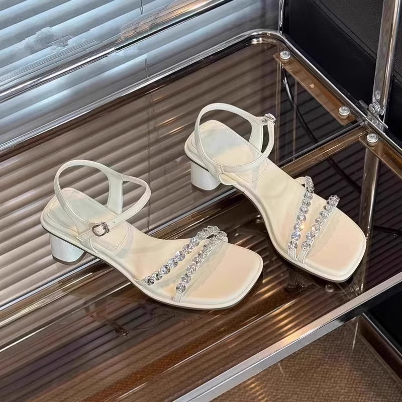 flowersverse Summer New Fairy Style Rhinestone Style One-Word with Chunky Heel Elegant Dress High Heel Beautiful Sandals for Women