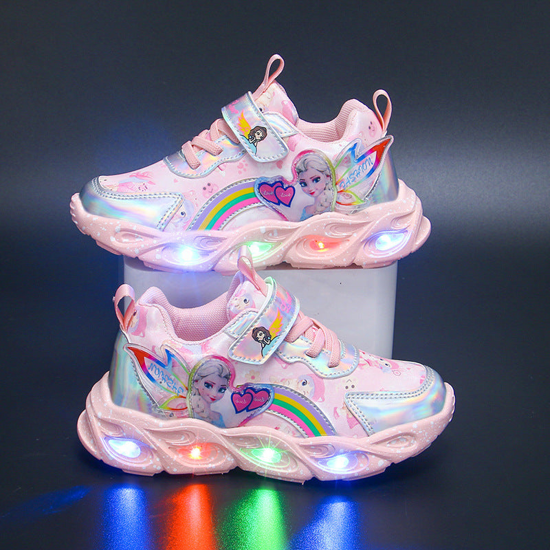 flowersverse With Light Girls' Shoes Autumn New Mesh Surface Breathable Shoes Leather Girls Sneaker Little Girl Princess Shoes