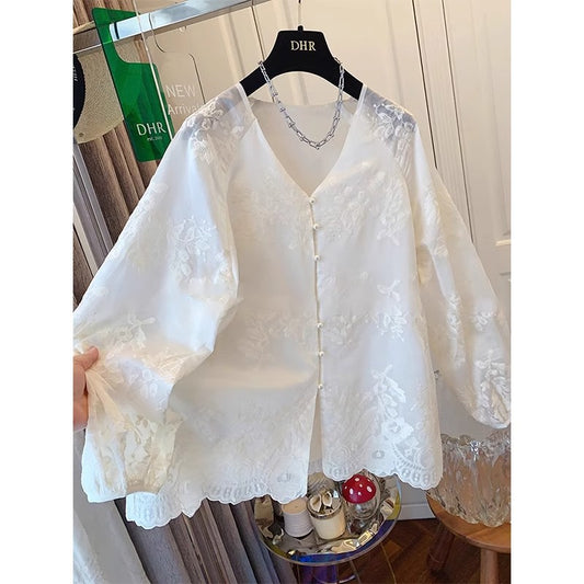 3587 Spot Lace Shirt Summer New Premium Embroidered Shirt Large Size New Chinese National Style Top