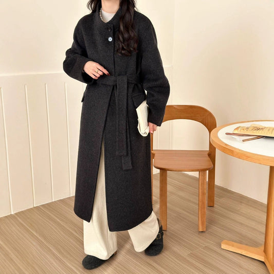 2025 Solid color stand-up collar extended strap-up high-end double-sided woolen cashmere coat women's wool woolen coat to keep warm in autumn and winter