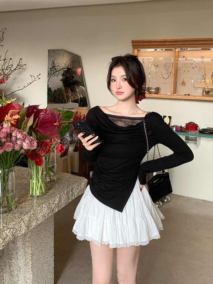 2025 Thirteen Lines Spring New Korean Edition Temperament Lace Swing Neck Bottom Shirt Long Sleeve Top 89209