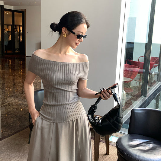 2025 Spring and Summer New Versatile One-Word Neck Slim-fit Bottom Knitted Sweater Short Sleeve T-Shirt Women's Top 25217