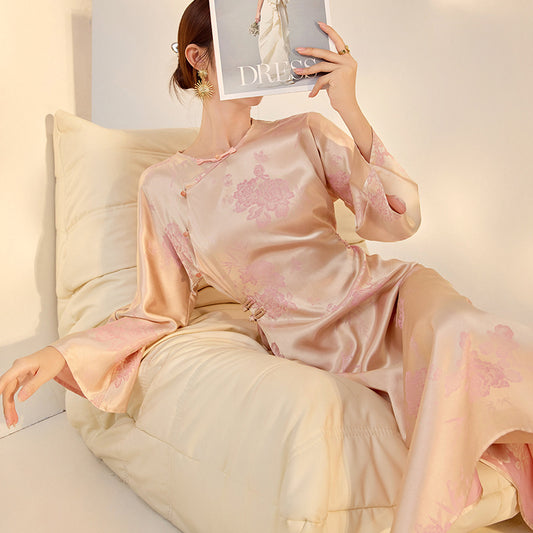 New Chinese style printing design sense split silk cheongsam dress popular new slim dress M6101